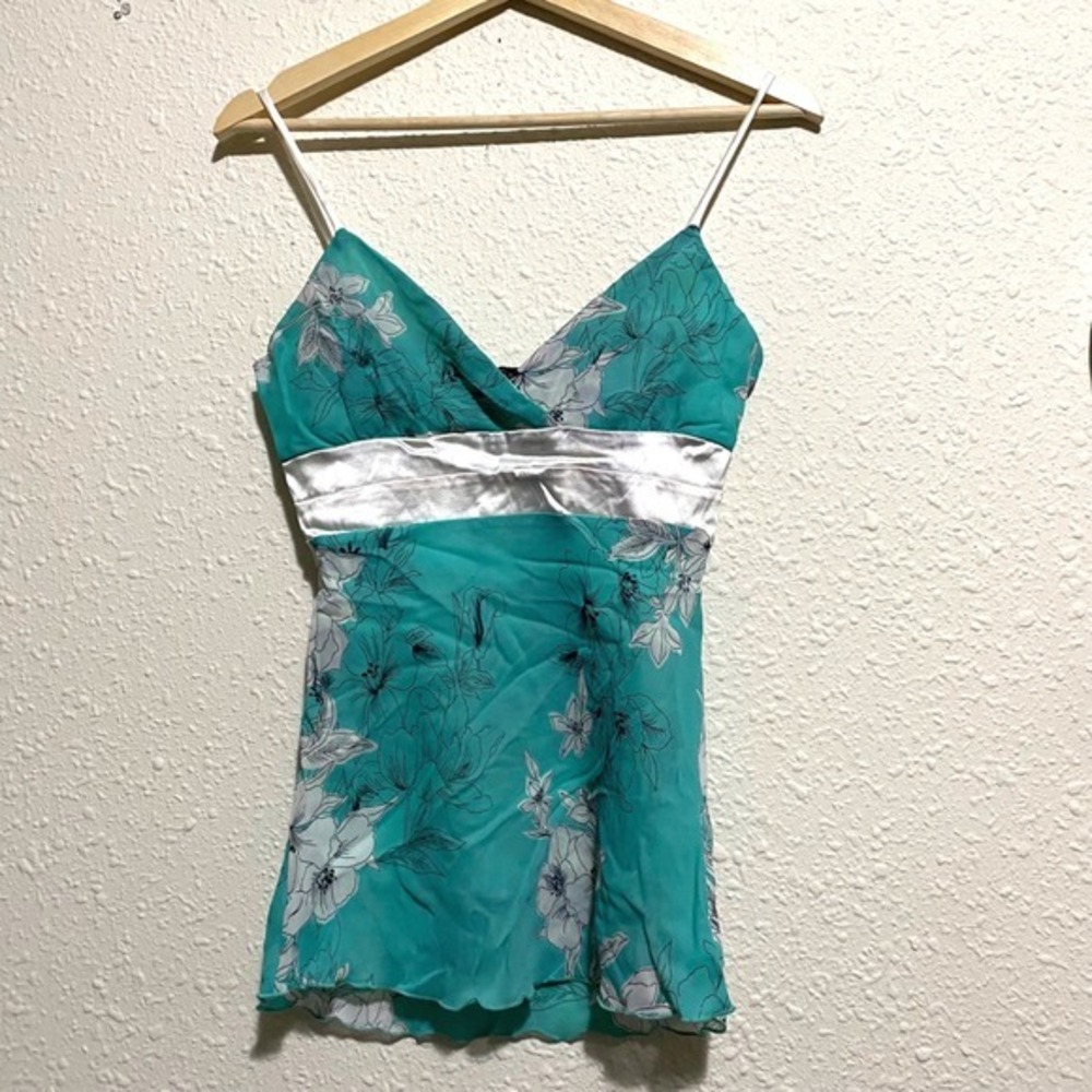 Twenty One Teal Floral Print Satin Trim Camisole Top women‎ Small Y2K baby doll